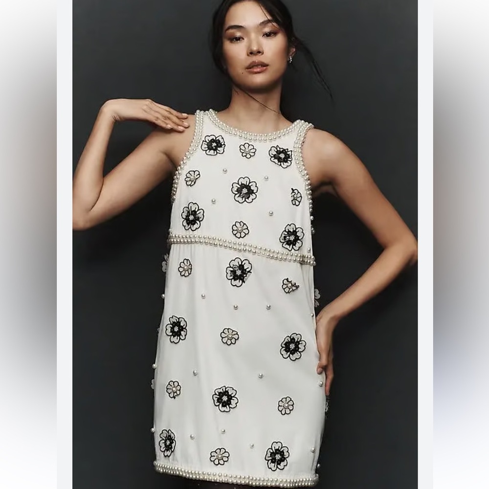 Maeve White Mini Dress with Black Floral Embroidery